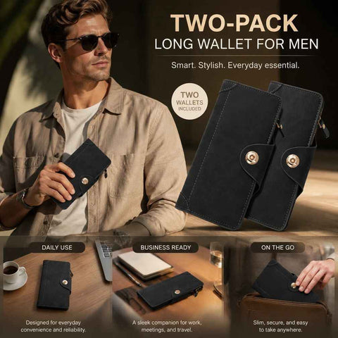 Solid Color Long Men's Wallet 2 Pcs Set, Magnetic Multi-Card Hand Clutch, Portable Daily Money Clip, Perfect Gift Bundle, Black In Australia - Darrahopens
