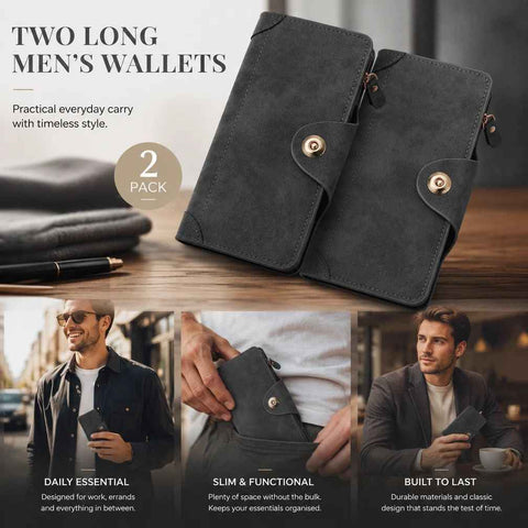 Monochrome Integrated Long Men Billfold 2 Pcs Combo, Magnetic Multi-Compartment Hand Clutch, Casual Stylish Present Pack, Grey In Australia - Darrahopens
