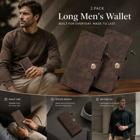 Retro All-Solid Long Men Hand Wallet 2 Pcs Set, Magnetic Portable Multi-Slot Billfold, Exquisite Daily Gift Pack, Coffee In Australia - Darrahopens