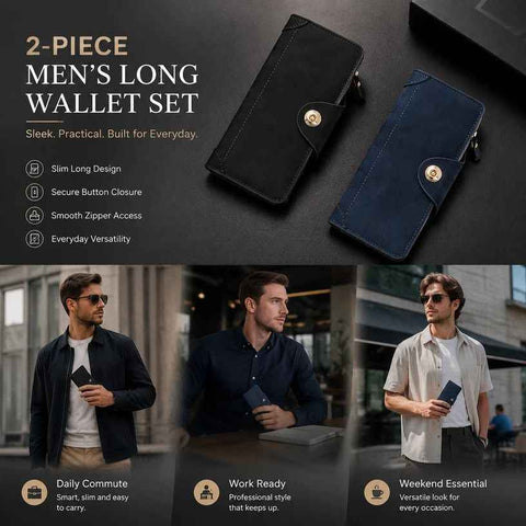 Two-Tone Solid Long Men Wallet 2 Pcs Set, Magnetic Multi-Card Hand Clutch, Portable Daily Money Clip, Versatile Gifting Choice, Black & Blue In Australia - Darrahopens