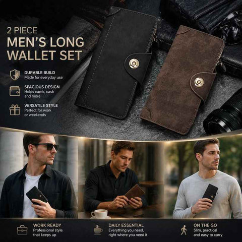 Two-Tone Classic Long Men Wallet 2 Pcs Pack, Magnetic Large-Capacity Hand Clutch, Premium Daily Gifting Option, Black & Coffee In Australia - Darrahopens