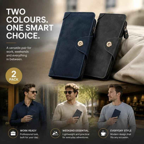 Dual Tone Solid Long Men Purse 2 Pcs Set, Magnetic Portable Multi-Slot Billfold, Exquisite Casual Gift Bundle, Blue & Grey In Australia - Darrahopens