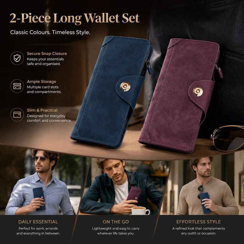 Two-Color Full Tone Long Men Billfold 2 Pcs Combo, Magnetic Closure Hand Wallet, Versatile Festival Present Pack, Blue & Red In Australia - Darrahopens