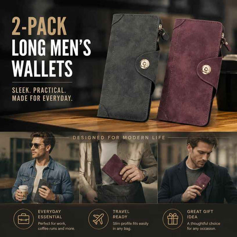 Two-Tone Classic Long Gentlemen Purse 2 Pcs Pack, Magnetic Large-Capacity Slots Billfold, Stylish Daily Gift Set, Grey & Red In Australia - Darrahopens