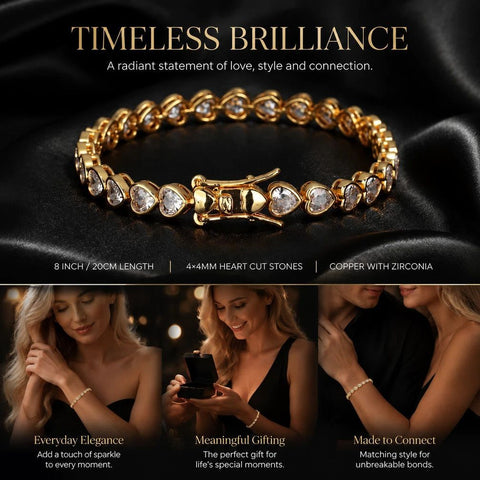 4*4mm Heart Packed Tennis Link Bracelet, Copper CZ Single Row Hip Hop Bangle, Couple Festival Present, 8 Inch 20cm Gold Tone In Australia - Darrahopens