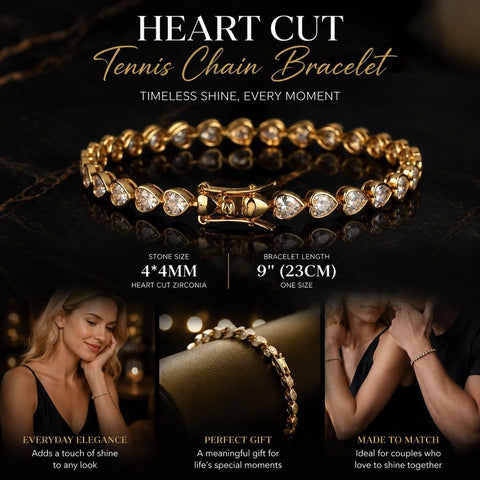 4*4mm Heart Bezel Tennis Bracelet, Copper Single Row Zircon Hip Hop Jewelry, Sweet Couple Holiday Gift, 9 Inch 23cm Gold Tone In Australia - Darrahopens