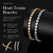 4*4mm Heart Bezel Tennis Bracelet, Copper Single Row Zircon Hip Hop Jewelry, Sweet Couple Holiday Gift, 9 Inch 23cm Gold Tone