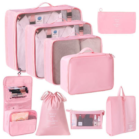 Travel Clothes Storage Organizer Set With Hanging Toiletry Bag & Cosmetic Pouch, 9 Pcs Travel Packing Pouches, Pink, Complete Long Trip Gift