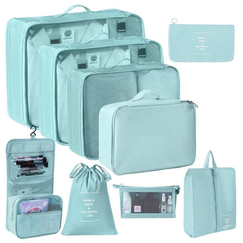 Multi-Size Travel Packing Organizer Bags With Cosmetic Pouch & Hanging Toiletry Bag, 9 Pcs Collection, Light Blue, All-In-One Vacation Gift In Australia - Darrahopens