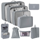 Suitcase Clothing Storage Pouches For Travel, 9 Pcs Organizer Set With Hanging Wash Bag & Makeup Bag, Grey, Practical Family Travel Gift