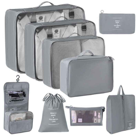 Suitcase Clothing Storage Pouches For Travel, 9 Pcs Organizer Set With Hanging Wash Bag & Makeup Bag, Grey, Practical Family Travel Gift