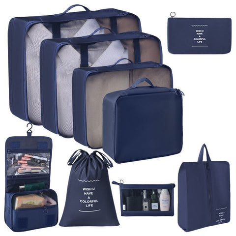 Portable Travel Clothes Organizer Set, 9 Pcs Packing Pouches With Hanging Wash Bag & Cosmetic Pouch, Navy Blue, Ideal Overseas Trip Gift In Australia - Darrahopens