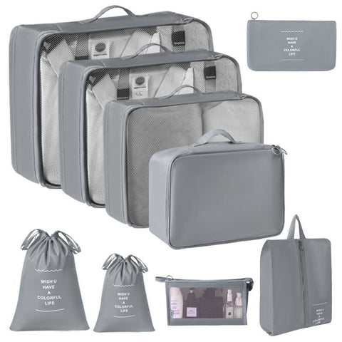9 Pcs Travel Clothes Storage Organizer Set, Packing Pouches With Dual Drawstring Bags & Cosmetic Pouch, Grey, Comprehensive Vacation Prep Gift In Australia - Darrahopens