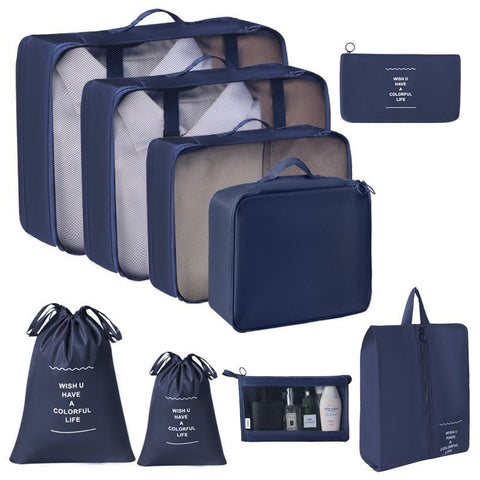 Multi-Purpose Travel Packing Bags, 9 Pcs Storage Set With Dual Drawstring Pouches & Cosmetic Pouch, Navy Blue, Great Overseas Travel Gift In Australia - Darrahopens
