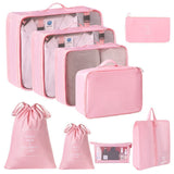 Suitcase Clothing Sorting Organizer Pouches, 9 Pcs Travel Kit With Double Drawstring Bags & Makeup Bag, Pink, Romantic Holiday Trip Gift