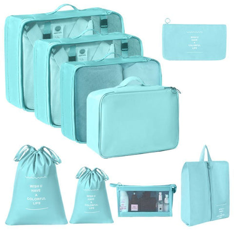 Lightweight Travel Garment Storage Pouches, 9 Pcs Organizer Set With Dual Drawstring Sacks & Cosmetic Pouch, Bright Blue, Trendy Travel Gift In Australia - Darrahopens
