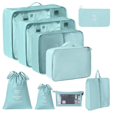 All-Round Travel Clothes Packing Organizer, 9 Pcs Storage Kit Including Double Drawstring Pouches & Makeup Bag, Light Blue, Handy Traveller Gift In Australia - Darrahopens