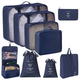 Luggage Clothes Packing Pouches For Journey, 9 Pcs Organizer Kit With Dual Drawstring Pouches & Hanging Toiletry Bag, Navy Blue, Practical Business Travel Gift In Australia - Darrahopens