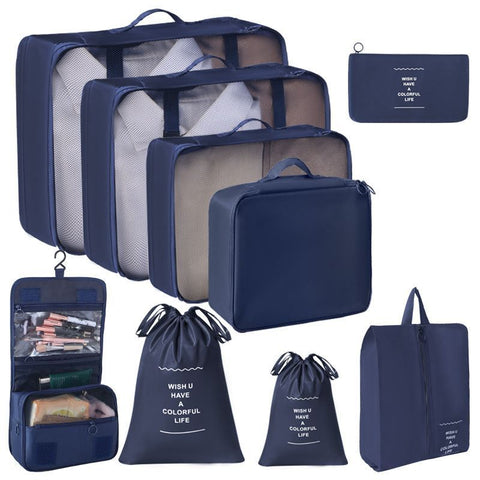Luggage Clothes Packing Pouches For Journey, 9 Pcs Organizer Kit With Dual Drawstring Pouches & Hanging Toiletry Bag, Navy Blue, Practical Business Travel Gift In Australia - Darrahopens