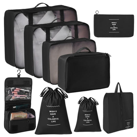 All-Inclusive Travel Clothes Packing Organizer, 9 Pcs Storage Set With Dual Drawstring Sacks & Hanging Toiletry Bag, Black, Durable Overseas Trip Gift In Australia - Darrahopens
