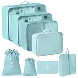Lightweight Suitcase Garment Packing Pouches, 8 Pcs Travel Storage Set With Double Drawstring Bags, Light Blue, Handy Holiday Accessory Gift