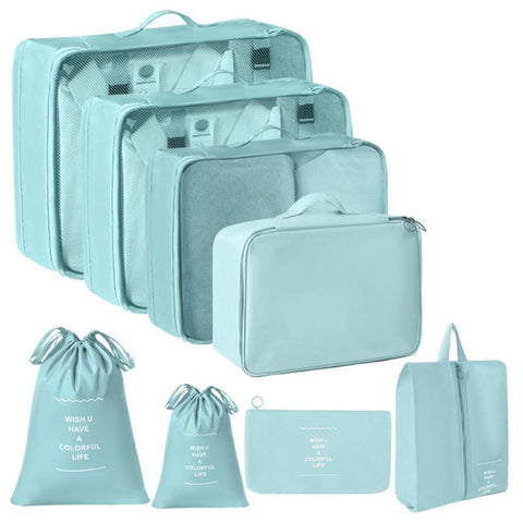 Lightweight Suitcase Garment Packing Pouches, 8 Pcs Travel Storage Set With Double Drawstring Bags, Light Blue, Handy Holiday Accessory Gift