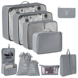 Complete Travel Packing Organizer Set, 10 Pcs Clothes Storage Pouches With Dual Drawstring Bags, Cosmetic Pouch & Hanging Toiletry Bag, Grey, Ultimate Long Trip Gift