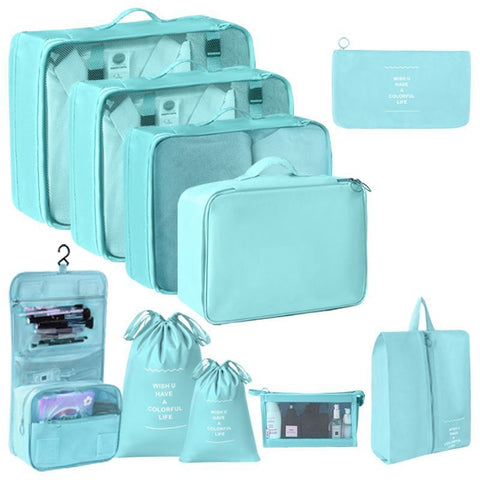 Portable Travel Clothes Organizer Pouches, 10 Pcs Packing Set With Dual Drawstring Bags, Cosmetic Bag & Hanging Toiletry Pouch, Bright Blue, All-Round Overseas Travel Gift In Australia - Darrahopens