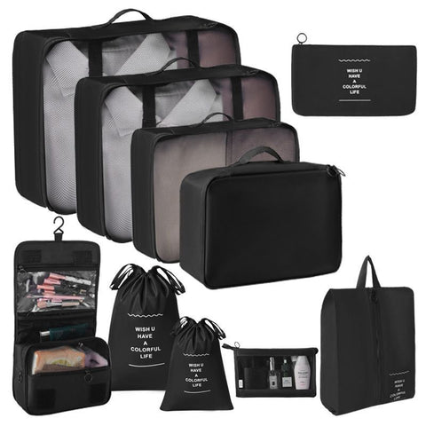 Luggage Garment Sorting Storage Kit, 10 Pcs Travel Pouches Equipped With Dual Drawstring Sacks, Makeup Pouch & Hanging Wash Bag, Black, Reliable Family Journey Gift In Australia - Darrahopens