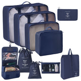 Multi-Function Suitcase Clothing Pouches For Travel, 10 Pcs Organizer Kit Including Double Drawstring Sacks, Cosmetic Pouch & Hanging Wash Bag, Navy Blue, Practical Business Trip Gift