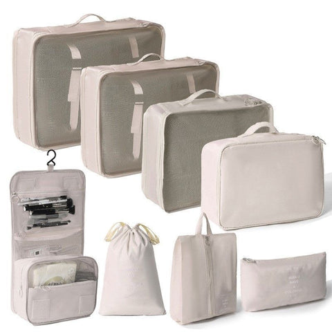 8 Pcs Travel Garment Packing Pouches, Suitcase Clothes Organizer Set With Hanging Toiletry Bag, Beige, Practical Long Weekend Travel Gift In Australia - Darrahopens