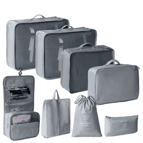 Multi-Function Travel Clothes Storage Bags, 8 Pcs Suitcase Organizer Kit Including Hanging Toiletry Bag, Grey, Thoughtful Family Travel Gift
