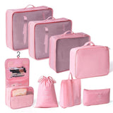 All-Round Suitcase Clothing Pouches For Journey, 8 Pcs Travel Packing Set With Hanging Wash Pouch, Pink, Sweet Holiday Traveller Gift