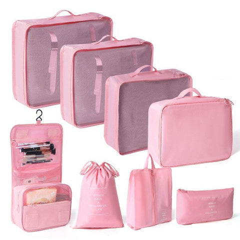 All-Round Suitcase Clothing Pouches For Journey, 8 Pcs Travel Packing Set With Hanging Wash Pouch, Pink, Sweet Holiday Traveller Gift