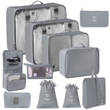 All-Inclusive Suitcase Garment Storage Kit, 11 Pcs Travel Pouches Including Double Drawstring Sacks, Hanging Wash Bag, Makeup Pouch & Electronics Bag, Grey, Premium Long Trip Gift