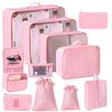 Lightweight Travel Packing Organizer Kit, 11 Pcs Clothes Pouches With Dual Drawstring Bags, Hanging Toiletry Bag, Cosmetic Pouch & Digital Gadget Bag, Pink, Romantic Holiday Travel Gift