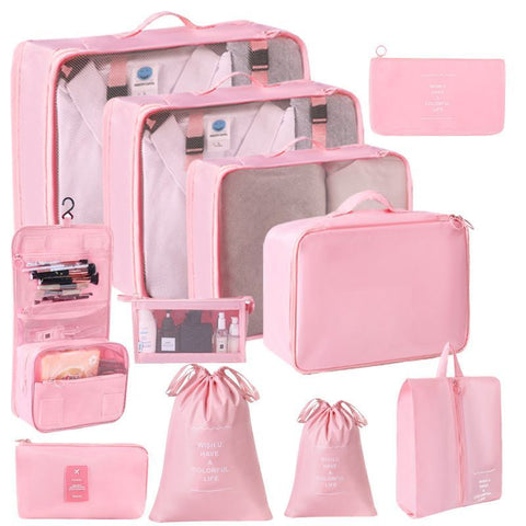 Lightweight Travel Packing Organizer Kit, 11 Pcs Clothes Pouches With Dual Drawstring Bags, Hanging Toiletry Bag, Cosmetic Pouch & Digital Gadget Bag, Pink, Romantic Holiday Travel Gift