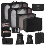 Multi-Size Travel Garment Organizer Set, 11 Pcs Luggage Packing Pouches With Dual Drawstring Bags, Hanging Toiletry Bag, Cosmetic Pouch & Digital Storage Bag, Black, Durable All-Season Traveller Gift