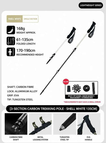 Carbon Fiber Lightweight Trekking Stick, Adjustable 3 Section Hiking Pole, Suitable For Height Under 190cm, Shell White, Reliable Mountain Walking Gear In Australia - Darrahopens