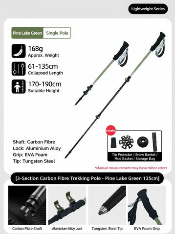 Lightweight Carbon Fiber 3 Section Trekking Pole, Adjustable Hiking Stick Fit For Height Under 190cm, Pine Green, Premium Outdoor Sports Supply