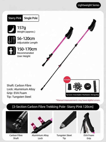 Carbon Fiber 3 Section Adjustable Trekking Stick, Lightweight Hiking Pole For Height Under 170cm, Strawberry Pink, Fashion Outdoor Walking Gear In Australia - Darrahopens