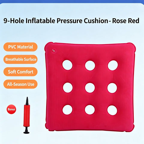 Flocked Inflatable Pressure Relief Seat Pad, 9 Hole Square Anti-Bedsore Cushion For Buttocks & Hips, Magenta, Comfort Soft Surface In Australia - Darrahopens