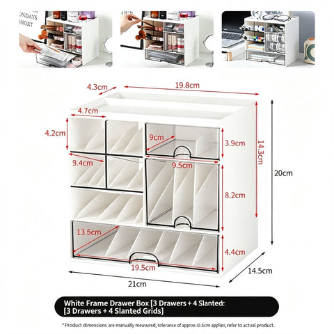 White Frame Drawer Organiser, 3 Drawers With Slant Grid, Multi Compartment Storage In Australia - Darrahopens