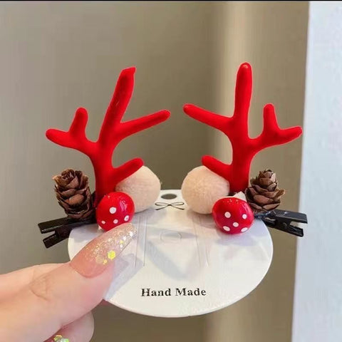 Cute Antler Hair Clip, White Pom Pom Pinecone Red Horn Headpiece, Christmas & Halloween Party Costume Hair Accessory
