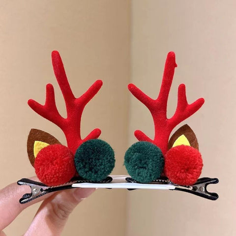 Fluffy Antler Hair Barrette, Red & Green Pom Pom Red Horn, Christmas Halloween Themed Party Hair Ornament In Australia - Darrahopens