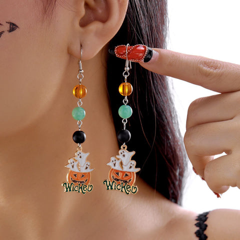 Pumpkin Ghost Pendant Gothic Tassel Earrings, Women’s Halloween & Christmas Dangle Drop Earrings, Eye‑catching Costume Ear Accessory, Style‑ER25Y0150