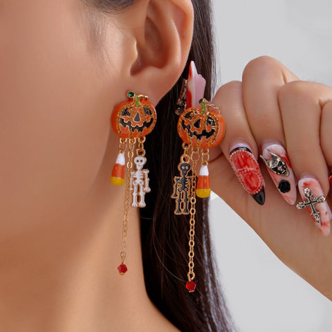 Spooky Festival Dangle Earrings For Women, Gothic Tassel Drop Earrings Featuring Pumpkin Ghost Pendant, For Halloween & Christmas Party Wear Ear Accessory, Style‑ER25Y0348‑1