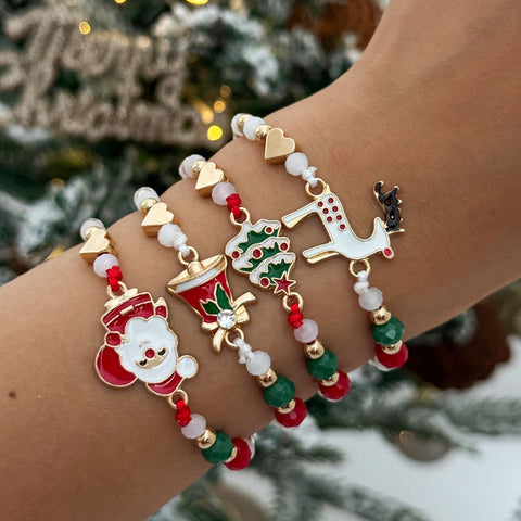 Adjustable Christmas Stacking Beaded Wrist Jewelry 4Pcs Mixed Set Code 6737K4, Santa Reindeer Enamel Pendant Bracelets for Holiday Costume Accessory and Friend Xmas Gift Exchange In Australia - Darrahopens