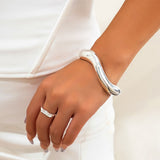Minimalist Irregular Curved Open Cuff Bracelet, Silver Lava Texture Metal Bangle, Niche Fashion Wrist Ornament for Christmas Halloween Souvenir Gifts, Style Code 2267 In Australia - Darrahopens