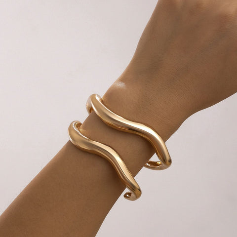 Dual Layer Irregular Wave Bangle 2 Pieces Set, Gold Stackable Metal Open Bracelet, Women Fashion Matching Jewelry as Christmas Halloween Holiday Gift Pack, Code 5091 In Australia - Darrahopens